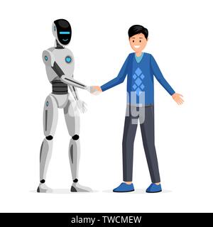 Mensch und Roboter handshake Flachbild Vector Illustration. Fröhlicher Kerl und freundlich humanoider Cyborg Händeschütteln Zeichentrickfiguren. Futuristische künstliche Intelligenz Technologie, ai Kommunikation, Begrüßung Stock Vektor