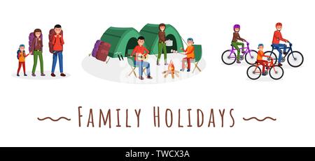 Satz von Familie mit verschiedenen sportlichen Aktivitäten. Familienurlaub Flat Style Vector Illustration. Mutter, Vater und Kind leben aktiven Lebensstil Stock Vektor