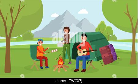 Reizende junge Eltern mit Sohn Sitzen und Essen am Lagerfeuer Marshmallows. Vater Gitarre spielen in der Nähe von großes Zelt Vector Illustration. Im freien Naturlandschaft mit Bergen Stock Vektor