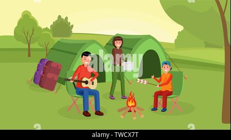 Eltern mit Sohn Sitzen und Essen am Lagerfeuer Marshmallows. Vater Gitarre spielen in der Nähe von große Zelte Flat Style Vector Illustration Stock Vektor