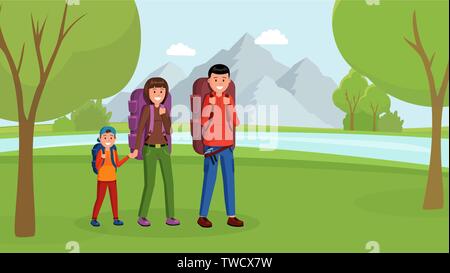 Eltern mit Sohn reisen Trekking mit Rucksäcken in den Bergen Wald. Family Camping Flat Style Vector Illustration Stock Vektor