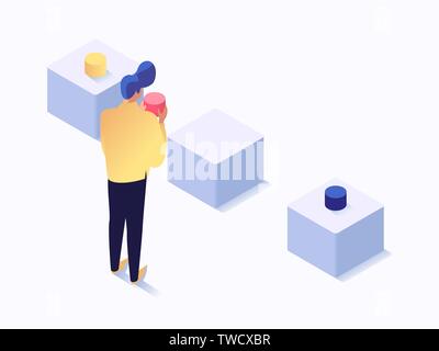 Mann hält etwas isometrische Vector Illustration auf weißem Hintergrund. Finanzielle oder Entwicklung Konzept Flat Style Stock Vektor