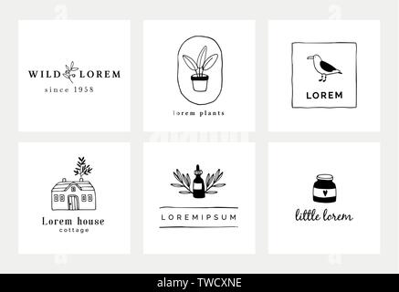 Satz von Hand gezeichnet minimal Logo vorlagen. Essen, Trinken und Reisen Konzept. Business Branding Identität. Isolierte Symbole. Einfache und elegante Symbole Colle Stock Vektor