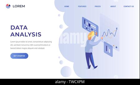 Finanzielle Daten analyse Startseite Konzept. Mann stand am Bildschirm mit Karten und Diagramme isometrische Flat Style Vector Illustration Stock Vektor