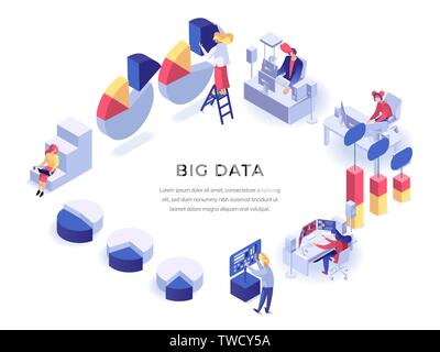 Die Menschen arbeiten mit verschiedenen Arten von Informationen, Tabellen und Grafiken, Analyse und Verarbeitung der Materialien. Technik Internet und Netzwerk Konzept Vector Illustration. Für text Stock Vektor