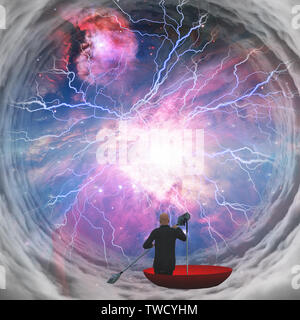 Business Mann in roten Regenschirm im Tunnel der Wolken Stockfoto