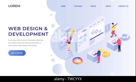 Web Design und Entwicklung Startseite Konzept. Entwicklern und Spezialisten testen Website und mobile Anwendung Flachbild isometrische Vector Illustration Stock Vektor