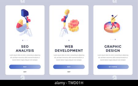 Mobile Anwendung onboarding Bilder Vorlagen isometrische Vector Illustration. Konzept für SEO, Web Development, Grafik Design Stock Vektor