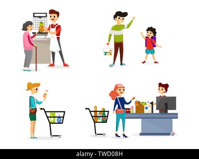 Satz Leute einkaufen in verschiedenen Lebensmittelgeschäft Abteilungen Flat Style Abbildung isoliert auf weißem Stock Vektor
