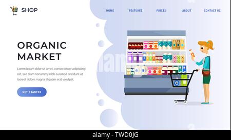 Website Vorlage mit Frau Wahl waren in Milch Abteilung. Frauen in der Nähe von Lebensmittelladen Trolley voller Produkte Vector Illustration. Schaltfläche "Erste Schritte" erhalten. Für text Stock Vektor