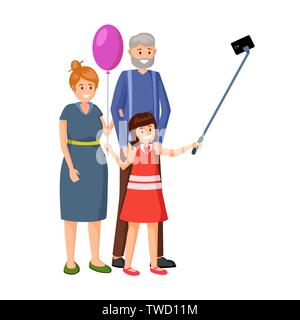 Kleines Mädchen mit großeltern Vector Illustration. Enkelin mit Ballon, Großvater und Großmutter Zeichentrickfiguren. Glückliche Menschen selfie zusammen, Familie Beziehung flache Bauweise Stock Vektor