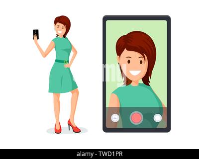 Junge Frau von selfie Vector Illustration. Schönen lächelnden Dame Aufnahme video Nachricht cartoon Charakter. Fashion blog, freundliche weibliche Blogger für Fotos posiert, Internet lifestyle flache Bauweise Stock Vektor