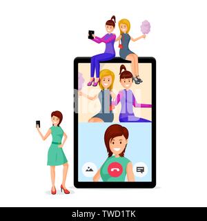 Freundinnen video Call Vector Illustration. Damen mit Tablet, Zuckerwatte und Frau mit Smartphone Zeichentrickfiguren. Weibliche Freundschaft, Online Kommunikation, Internet Technologie flache Bauweise Stock Vektor