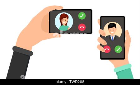 Eingehenden Anruf Schnittstelle Vector Illustration. Hände halten Smartphones mit Anrufer Foto. UI mit Buttons und Avatare, ablehnen oder Antwort alternative, Kommunikationstechnik flache Bauweise Stock Vektor