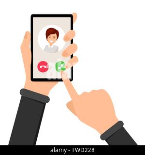 Eingehender Anruf, klingelnden Telefon Vector Illustration. Hand, Smartphone und den Finger auf die Schaltfläche Antwort zeigt. Option Schnittstelle, alternative auf Telefonbildschirm, Auswahl akzeptieren oder ablehnen. Stock Vektor