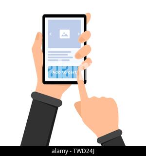 Mobile Shopping, e-commerce Vector Illustration. Kunden hand Telefon mit Kauf, die Schaltfläche Dem Warenkorb hinzufügen. Online Retail Service, internet shop, Store, Produkt Beschreibung Seite flaches Design Stock Vektor