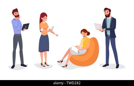 Bei der Arbeit Pause, Business Lounge Zone Abbildung. Lächelnd und Kollegen in formelle Kleidung Zeichentrickfiguren. Die Menschen arbeiten mit tragbaren Geräten, internet Coworking, online Kommunikation flache Bauweise Stock Vektor