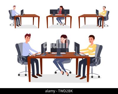 Kollegen, Programmierer team Vector Illustration. Glückliche Männer und eine Frau sitzen auf Stühlen mit Computern arbeiten Zeichentrickfiguren. Kooperative Programmierung, Web Development, Coworking flache Bauweise Stock Vektor