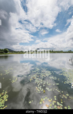 Lakeside Bau grüner Raum doubles bei bewölktem Wetter Stockfoto