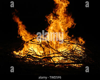 Feuer mit logs Brennen während der Nacht. Stockfoto