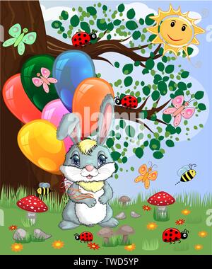 Cute cartoon Bunny mit einem Arm voller Kugeln in einer Waldlichtung. Frühling, Liebe, Postkarte Stock Vektor