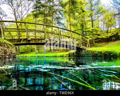 Eine kleine Holzbrücke erstreckt sich über Sherborne Bach in den Cotswolds, Großbritannien Stockfoto