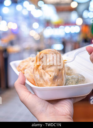 Köstliche gedämpft, runde Knödel in Südkorea traditioneller Markt, besonderen koreanischen Street Food Küche, Nahaufnahme, Bokeh, kopieren Raum Stockfoto