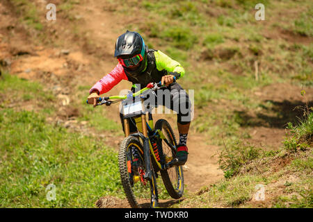 Eine professionelle Down Hill Radfahrer Racer in einem Wettbewerb, full suspension Carbon Bike Stockfoto