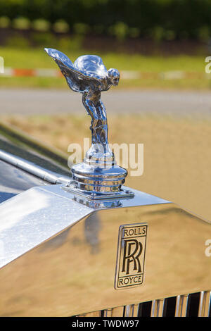 Motorhaube Maskottchen eines Rolls-Royce Silver Wraith, Baujahr 1950, auf einer Wiese, Veldenz, mittleren Mosel, Rheinland-Pfalz, Deutschland Stockfoto