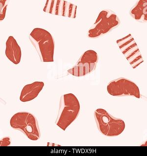 Rot rohes Fleisch schneidet. Vector Illustration. Nahtlose Muster Hintergrund. Stock Vektor