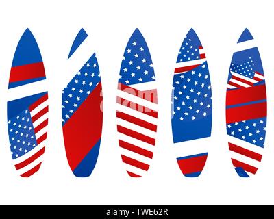 Surfbretter mit USA-Flagge auf einem weißen Hintergrund. Arten von Surfbrettern mit einem Muster. Vector Illustration Stock Vektor