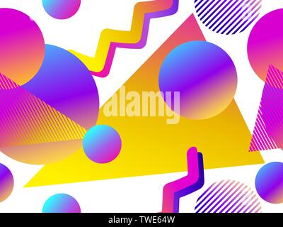 Geometrische nahtlose Muster mit flüssigem Steigung auf einem weißen Hintergrund. Dreiecke, Kreise und Punkte. Vector Illustration Stock Vektor