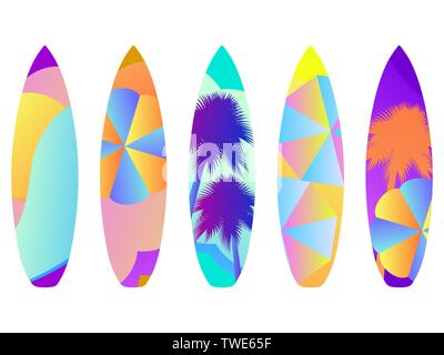 Surfbretter auf einem weißen Hintergrund. Arten von Surfbrettern mit einem Muster. Vector Illustration Stock Vektor