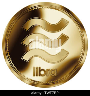 Waage virtuelle Währung simbol auf der Fantasie Goldmünze, Abbildung Stockfoto