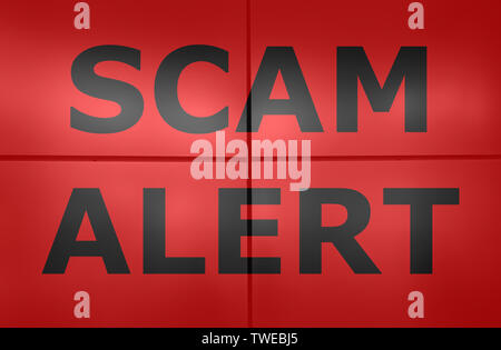 Scam alert Text auf rotem Hintergrund. Stockfoto