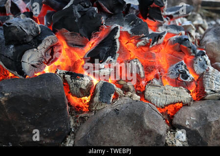 Schwelende Glut in einem Feuer, das Verbrennen von Holz, Lagerfeuer für Hintergrund Stockfoto