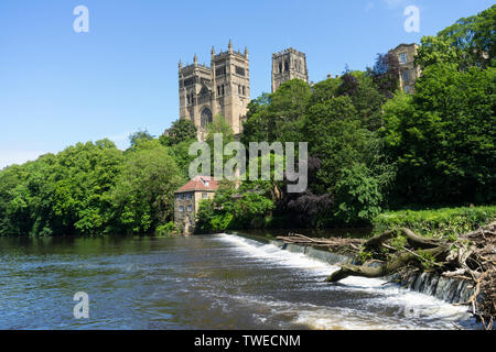 Durham Cathedral über dem Fluss Wear mit walkmühle am Ufer des Flusses mit blauer Himmel Stockfoto