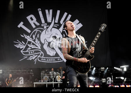 Donington Park, Castle Donington, Leicestershire, Großbritannien 16.6.2019 Trivium auf der Hauptbühne am Download Festival Tag drei durchführen Stockfoto