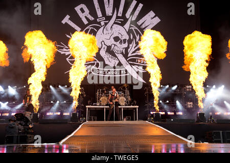 Donington Park, Castle Donington, Leicestershire, Großbritannien 16.6.2019 Trivium auf der Hauptbühne am Download Festival Tag drei durchführen Stockfoto