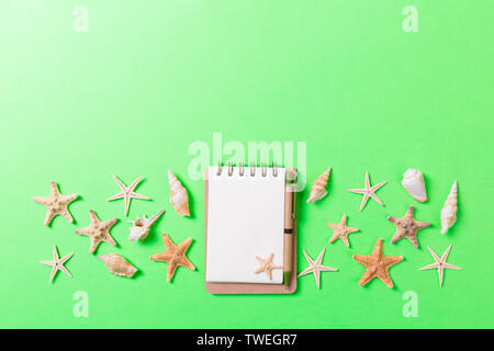 Leere Notiz Buch mit Seesternen und Muscheln auf grünem Hintergrund, Sommer Urlaub Konzept. Stockfoto