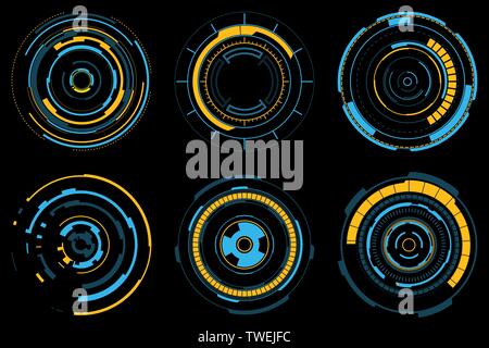 Satz von futuristischen radiale grafische Elemente. Neon Blau und Gelb HUD. Kreis Head-up-Display für Web- und App. Futuristische Benutzeroberfläche. Vorlage UI-Fo Stock Vektor