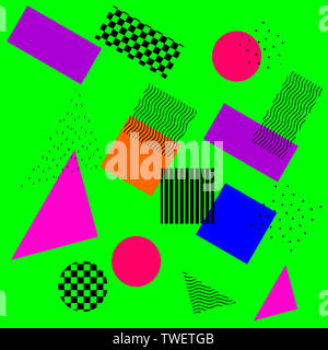 Overlay bunte fleckige Muster der geometrischen Form, Linie und Punkt in trendigen Memphis Animation 80s - 90s Style Stockfoto