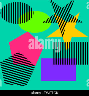 Overlay bunte fleckige Muster der geometrischen Form, Linie und Punkt in trendigen Memphis Animation 80s - 90s Style Stockfoto