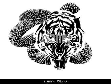 Schlange und Tiger kämpfen, Tattoo Vector Illustration Stock Vektor