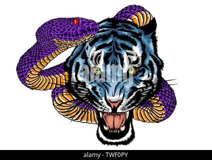 Schlange und Tiger kämpfen, Tattoo Vector Illustration Stock Vektor