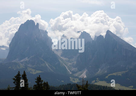 Wolken und Nebel wirbelnden rund um die Klippen der Langkofel und Plattkofel von der Seiser Alm Otisei Gröden Dolomiten Italien Stockfoto