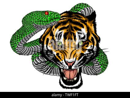 Schlange und Tiger kämpfen, Tattoo Vector Illustration Stock Vektor