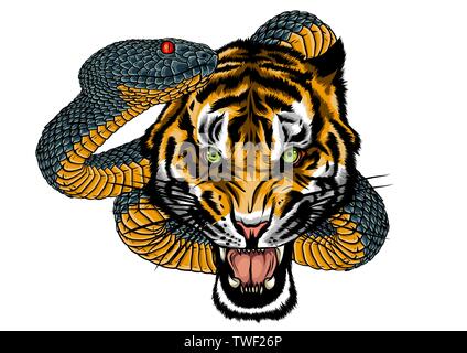 Schlange und Tiger kämpfen, Tattoo Vector Illustration Stock Vektor