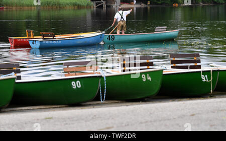 Seehausen, Deutschland. Juni, 2019 20. Für die Corpus Christi Meer die Prozession am Staffelsee in Verden und für die Touristen die Ruderboote bereit sind. Seit 1935 führt die Prozession von der Kirche des Dorfes auf den See. Von dort geht es mit dem Boot auf die Insel Wörth, zu den Wurzeln der Seehauser Pfarrkirche. Quelle: Angelika Warmuth/dpa/Alamy leben Nachrichten Stockfoto