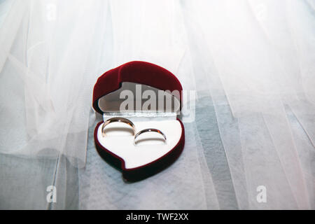Zwei goldene Hochzeit Ringe in einem Herzförmigen Fall Stockfoto